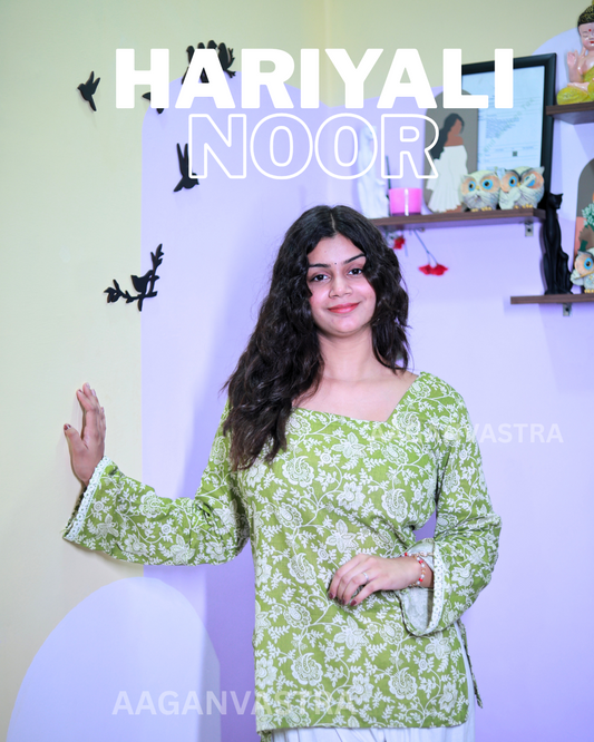 Hariyali Noor – Elegant Green Floral Cotton Kurti for Women