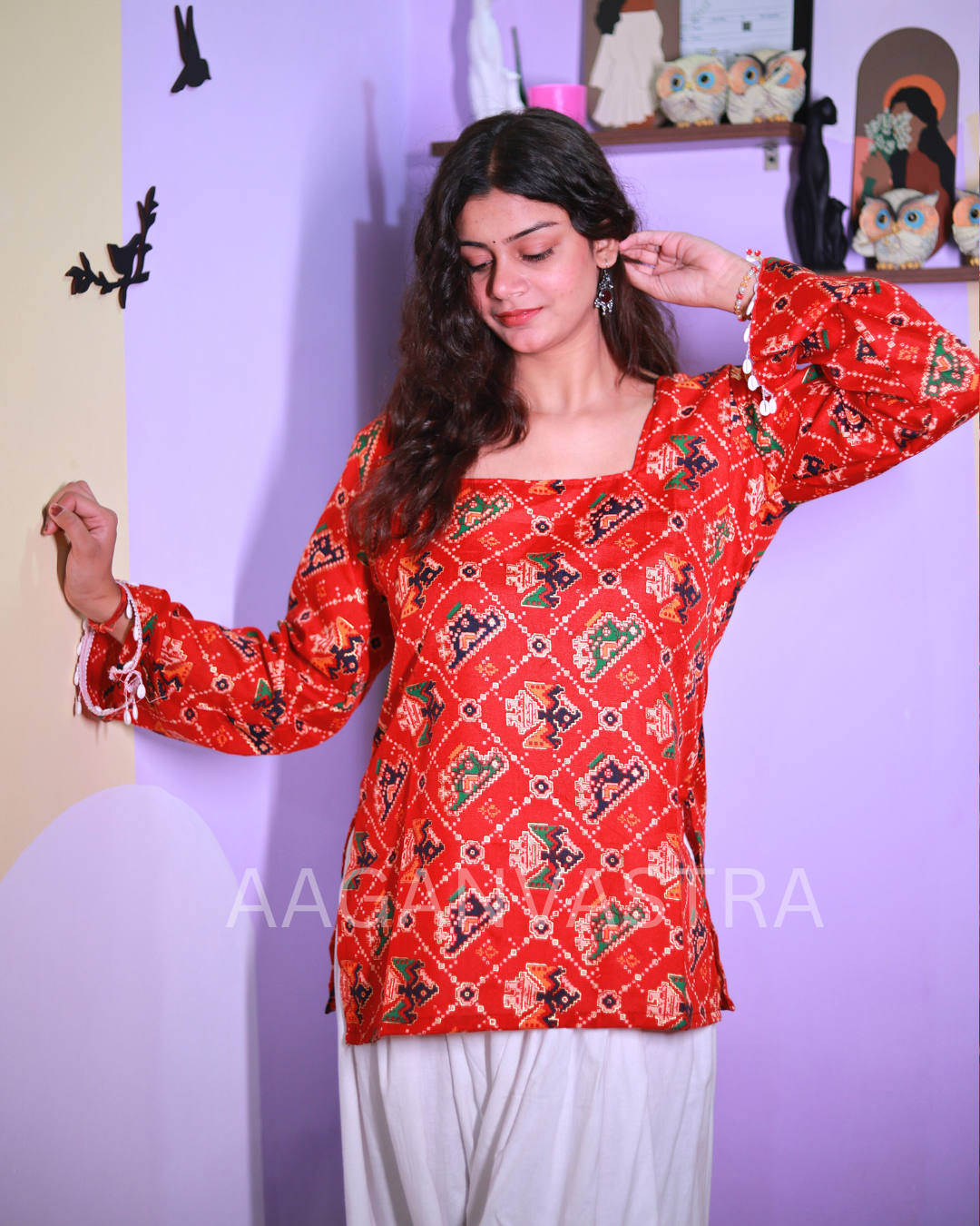 Modern Basanti – Red Printed Cotton Kurti with Shell Sleeve Detailing