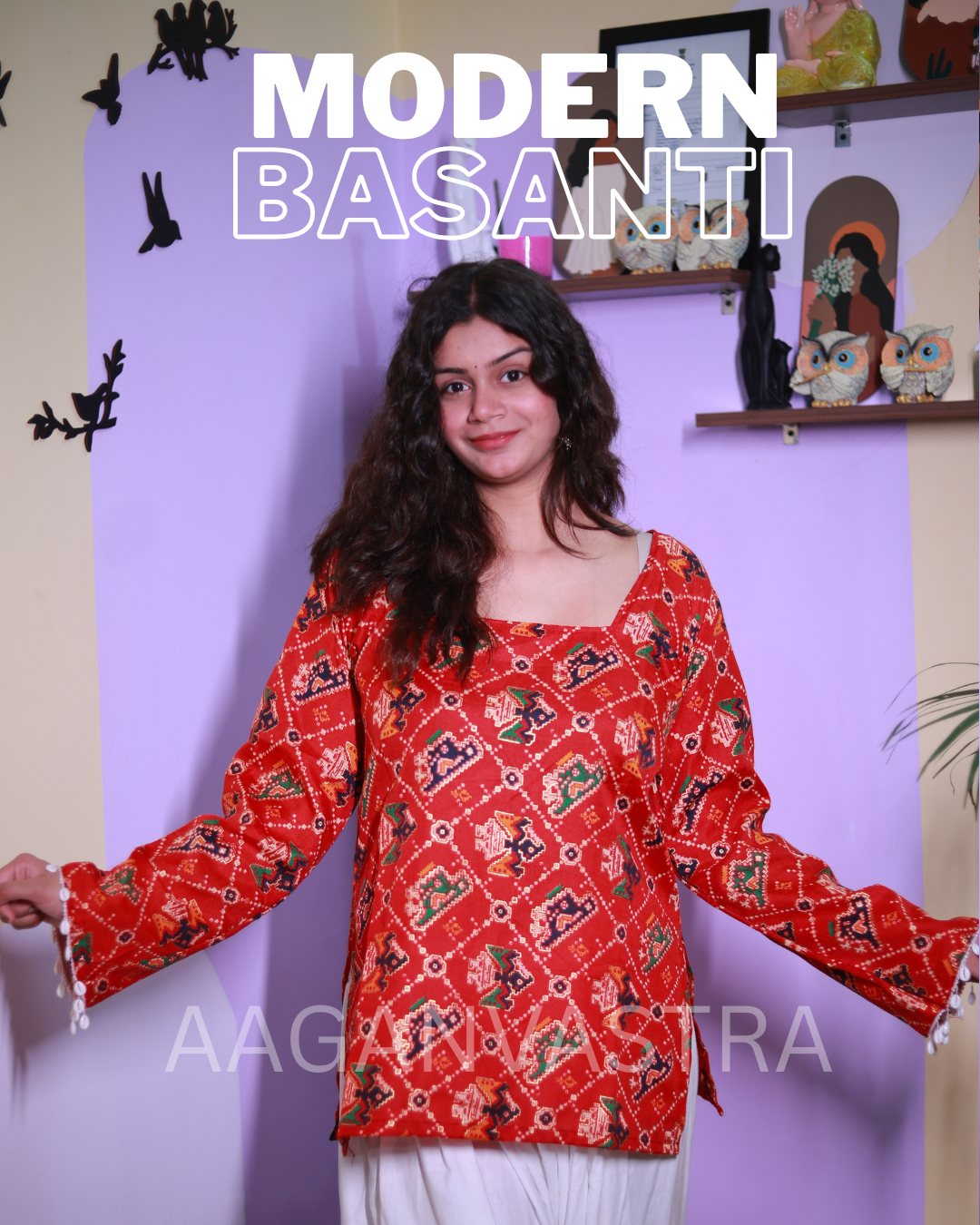 Modern Basanti – Red Printed Cotton Kurti with Shell Sleeve Detailing