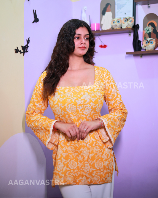 SUNHERI SAAJ - Yellow Floral Cotton Kurti For Women