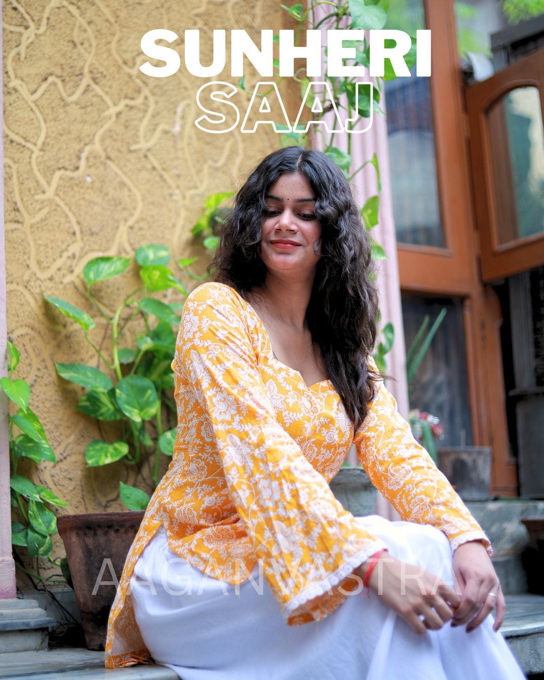 SUNHERI SAAJ - Yellow Floral Cotton Kurti For Women