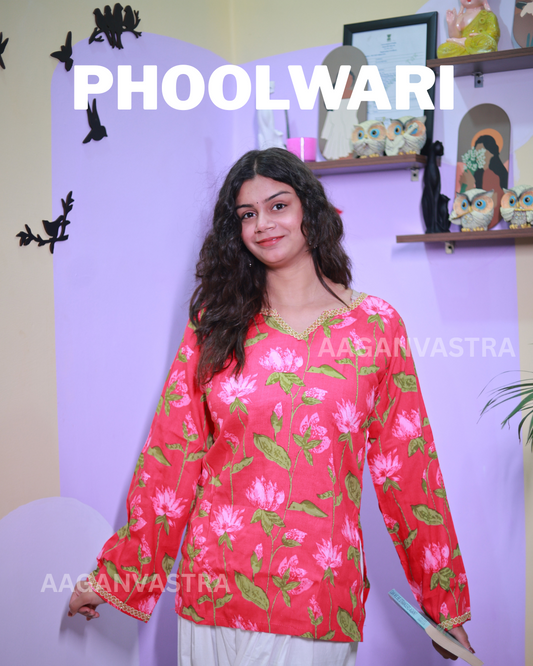 Phoolwari – Bright Pink Floral Cotton Kurti with Golden Lace Detailing