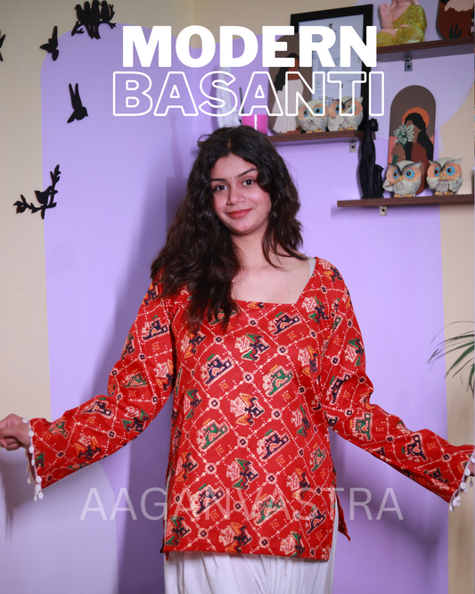 Modern Basanti – Red Printed Cotton Kurti with Shell Sleeve Detailing
